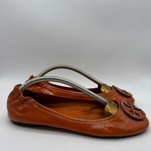 Tory Burch Reva Orange Leather Ballet Flats Logo Medallion Size 8M A788